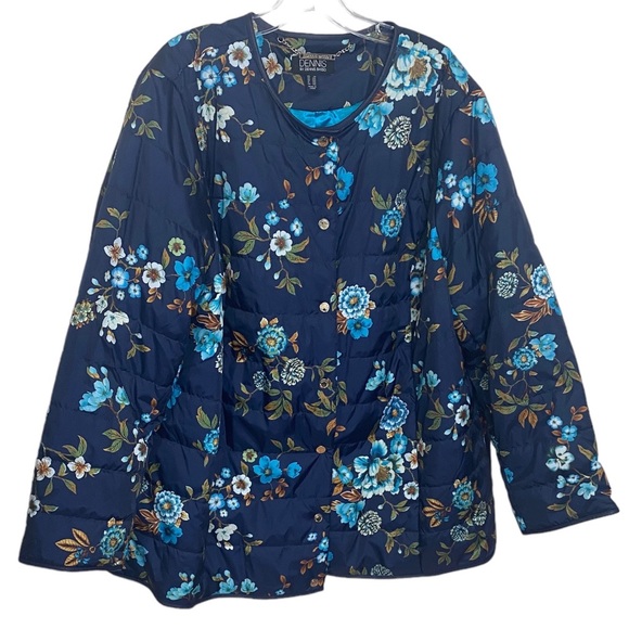 dennis basso Jackets & Blazers - DENNIS BASSO Navy Blue Floral Snap Front Lightweight Quilted Puffer Jacket 2X